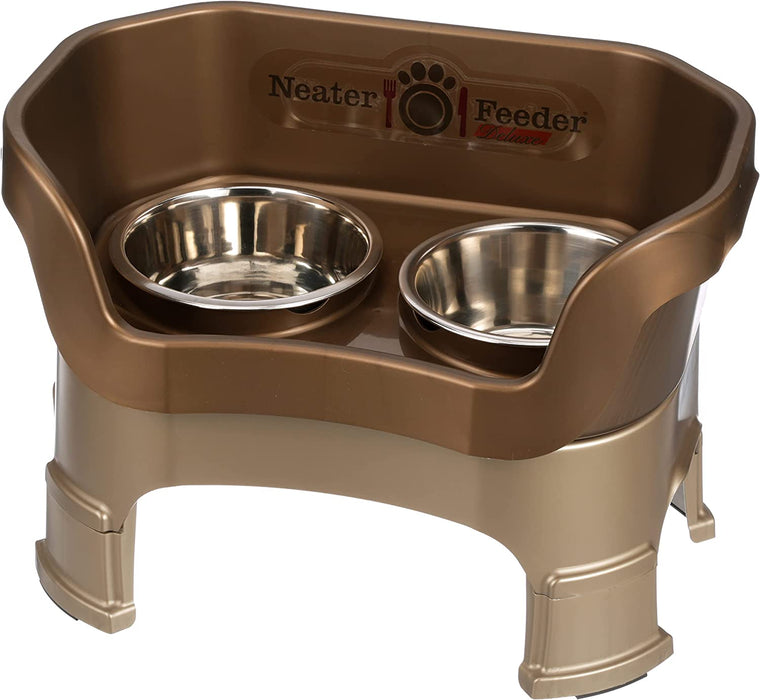 Neater Feeder Deluxe with Leg Extensions for Small Dogs - Mess Proof Pet Feeder with Stainless Steel Food & Water Bowls - Drip Proof, Non-Tip, and Non-Slip - Gunmetal Grey