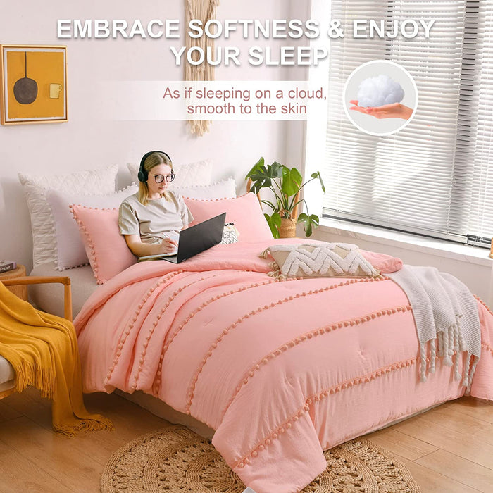 Pink King Size Comforter Set, Boho Bedding Pom Pom Bed Comforter King Set for All Season 3 Pieces
