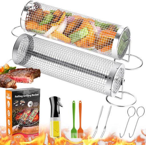 Rolling Grill Baskets for Outdoor Grilling : 2 Pcs Stainless Steel Grill Mesh, Rolling Grill Baskets for Outdoor Grill, Portable Grill Nets Cylinder for Shrimp, Meat Barbecue Camping Picnic with Forks
