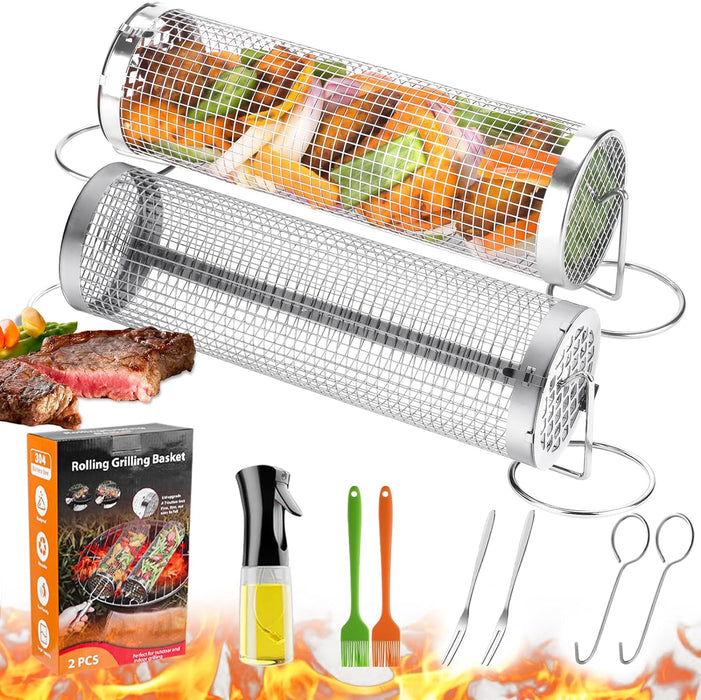 Rolling Grill Baskets for Outdoor Grilling : 2 Pcs Stainless Steel Grill Mesh, Rolling Grill Baskets for Outdoor Grill, Portable Grill Nets Cylinder for Shrimp, Meat Barbecue Camping Picnic with Forks