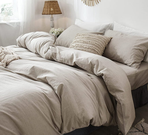 Bedding Duvet Cover Set 100% Washed Cotton Linen like Textured Breathable Durable Soft Comfy (Tannish Linen Grey, Queen)
