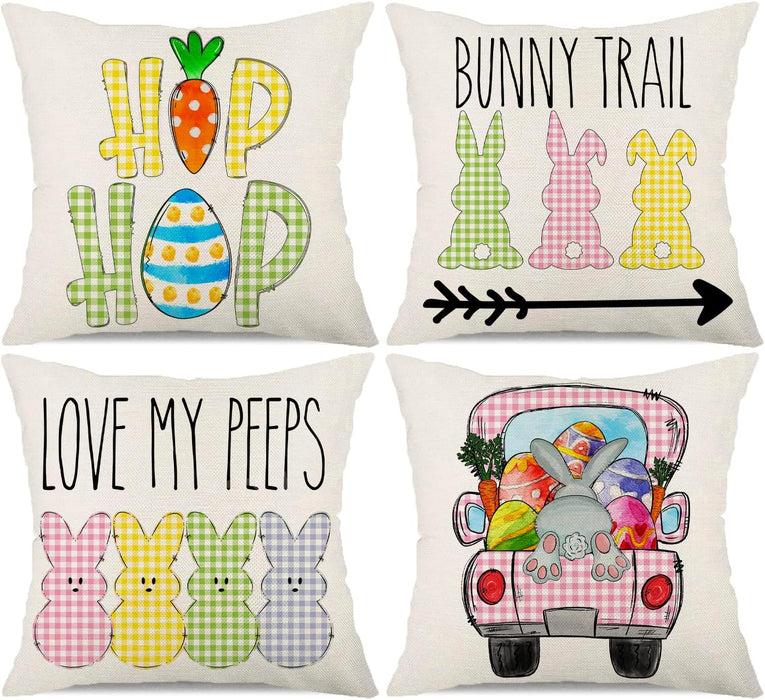 Easter Buffalo Plaid Pillow Covers 18X18 Set of 4 Easter Decorations for Home Bunny Truck Hello Peeps Hip Hop Pillows Easter Decorative Throw Pillows Spring Easter Farmhouse Decor