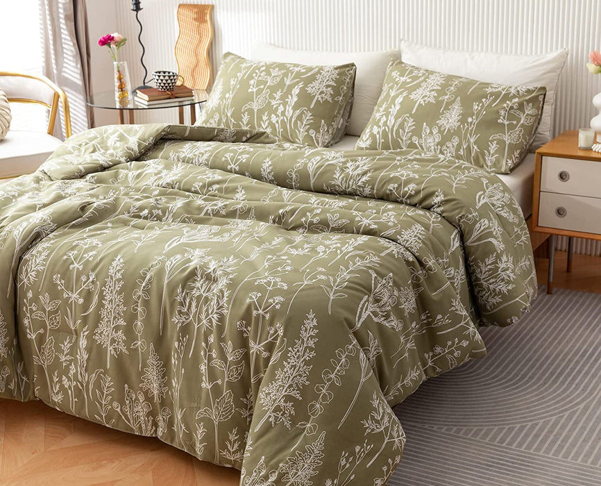 Queen Comforter Sets Olive Green Comforter,3 PCS Bedding Sets Floral Comforter Set Plant Flowers Printed on Green Comforter Set
