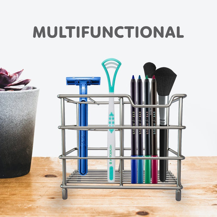 Toothbrush Holder 5 Slots, Stainless Steel Rustproof Toothpaste Holder Stand for Drawers and Bathroom Perfect Storage Organizer for Razors, Facial Wash and Finger Toothbrush, Silver