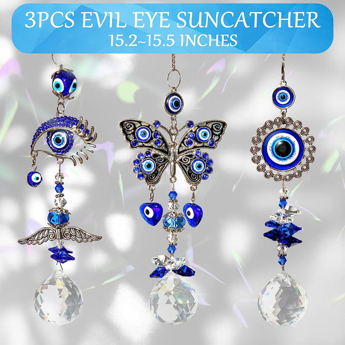 Sun Catchers, 3PCS Evil Eye Suncatcher for Window Hanging Crystal Ball Prisms Rainbow Maker Blue Eyes Pendant for Garden Car Home Indoor Outdoor Decor Charm Valentine'S Day Gift