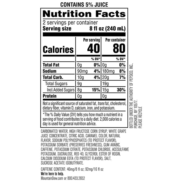 Mountain Dew Kickstart, Black Cherry, 92Mg Caffeine, Vitamins B & C, 80 Calories, 5% Juice, 16 Fl Oz (12 Count)