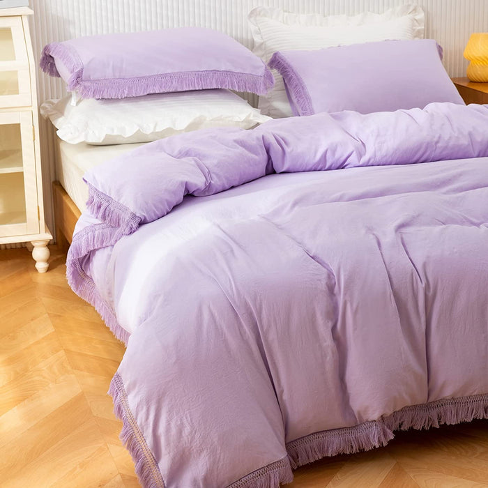 3Pcs Fringe Lavender Purple Tassel Comforter Set Queen Boho Bohemian Cute Soft Tufted Microfiber Bedding Sets Modern Style for Men and Women (1Comforter + 2 Pillowcases)