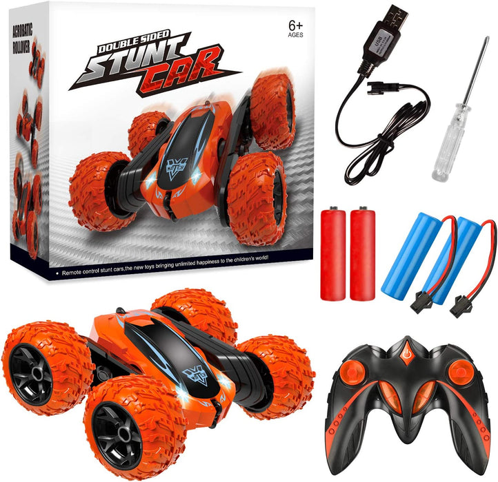 Remote Control Car, 2.4Ghz Electric Race Stunt Car, Double Sided 360° Rolling Rotating Rotation, LED Headlights RC 4WD High Speed off Road Gift for 3 4 5 6 7 8-12 Year Old Boy Toys (Orange)