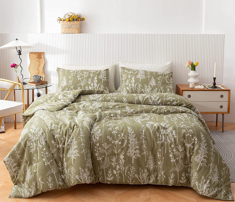 Queen Comforter Sets Olive Green Comforter,3 PCS Bedding Sets Floral Comforter Set Plant Flowers Printed on Green Comforter Set