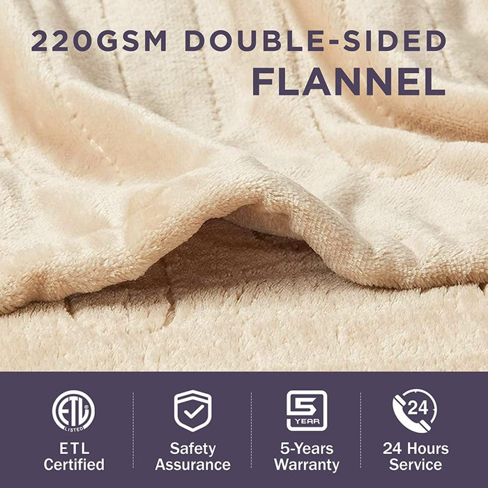 Electric Blanket Queen Size 84"X90" Flannel Heated Throw Blanket, Dual Controls Setting Electric Blanket, 10 Heating Levels, 12H Auto-Off, 5 Years Warranty, Machine Washable - Beige