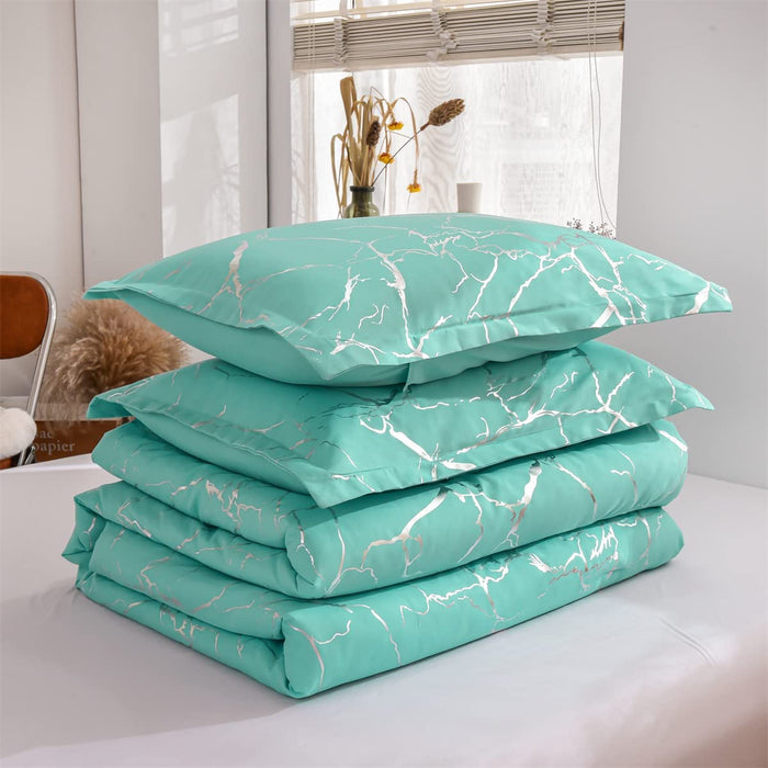 Silver Metallic Marble Comforter Set Queen Size Foil Print Glitter Bedding Set, Aqua/Silver