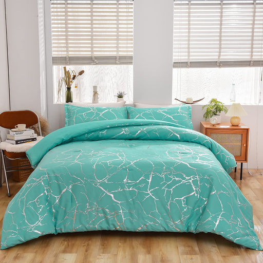 Silver Metallic Marble Comforter Set Queen Size Foil Print Glitter Bedding Set, Aqua/Silver