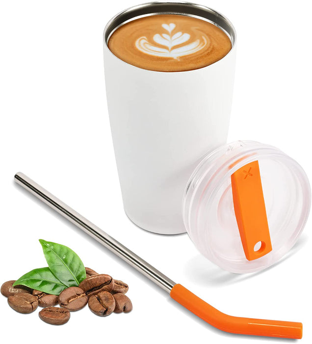 Insulated Tumbler with Lid and Straw, 16 Oz Leak Proof Double Wall Stainless Steel Travel Coffee Mug, Iced Coffee Cup Car Mug Water Bottle, Keep Cold Hot for 10 Hours, Gifts for Mom, White