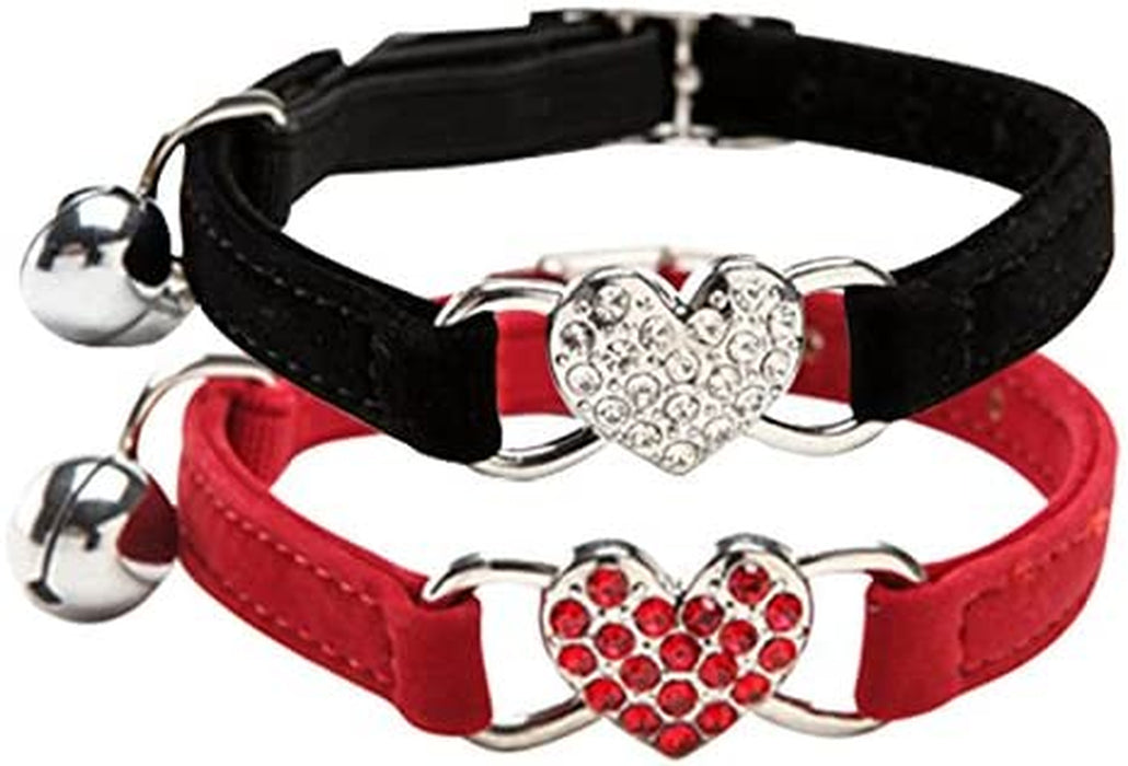 Pink Soft Velvet Safe Cat Adjustable Collar with Crystal Heart Charm and Bells 8-11 Inches(Black+Red+Pink+Blue)