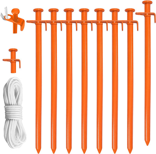 USA 12 Inch Multiuse Heavy Duty Steel Tent Stakes Tarp Pegs Camping Stakes for Outdoor Camping Canopy and Tarp with 4 Ropes 10FT Length(Orange)