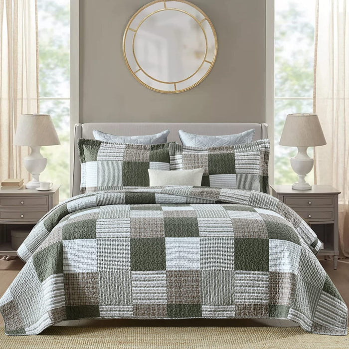 100% Cotton Quilt Set Queen Size, Patchwork Plaid Queen Quilt Bedding Set Bedspreads, Farmhouse Lightweight Comforter Reversible Quilt, Green/Moonbeam Bed Spread for Queen Bed, 3 Pieces