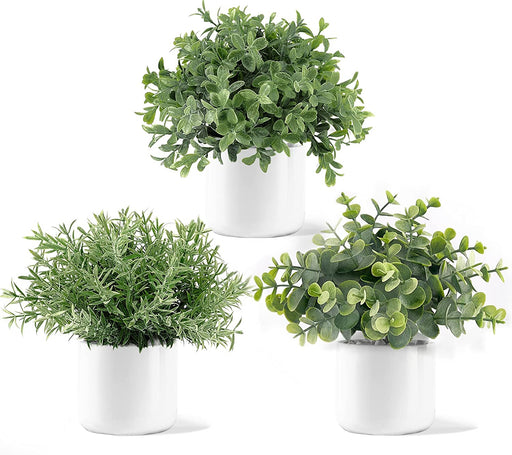 Fake Plants in Ceramic Pot, 3 Pack Potted Artificial Eucalyptus Plants for Home Decor Indoor Faux Green Rosemary for Desk Shelf Coffee Centerpiece Bathroom Office Decor