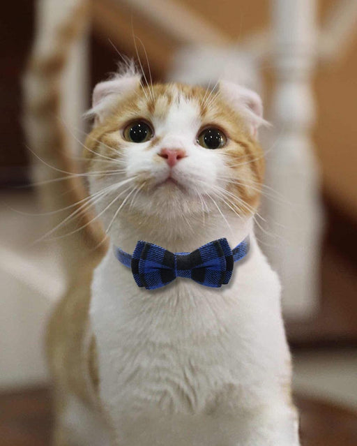 Breakaway Cat Collar with Cute Bow Tie and Bell, Plaid Patterns, 1 Pack Girl Boy Kitty Safety Collars, Blue
