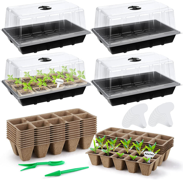 4 Pack Seed Starter Tray Kit, 15 Peat Pots for Seedlings Plastic Germination Growing Trays with Plants Labels, Planting Tools, Plant Cultivation for Seed Starting and Garden Propagation, Black