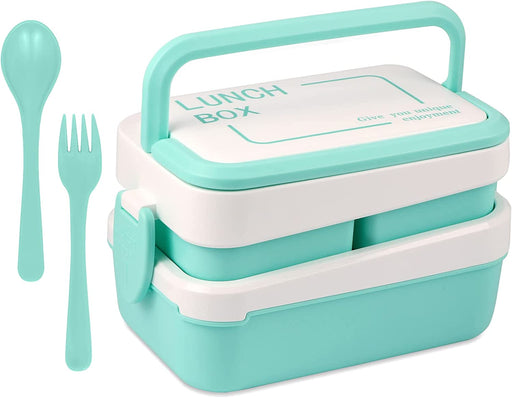 Bento Box Japanese Lunch Box Kit, Stackable 2 Layer Lunch Box, Leakproof Wheat Straw BPA Free Bento Lunch Boxes Set with Soup Cup, Spoon and Fork, Cake Cups