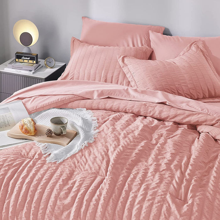 Full/Queen Seersucker Comforter Set with Sheets Pink Bed in a Bag 7-Pieces All Season Bedding Sets with Comforter, Pillow Sham, Flat Sheet, Fitted Sheet, Pillowcase