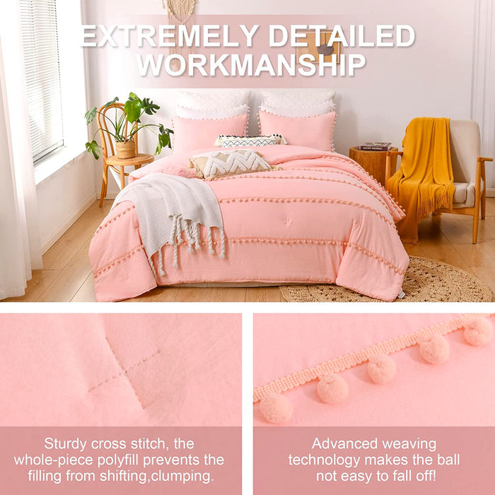Pink King Size Comforter Set, Boho Bedding Pom Pom Bed Comforter King Set for All Season 3 Pieces