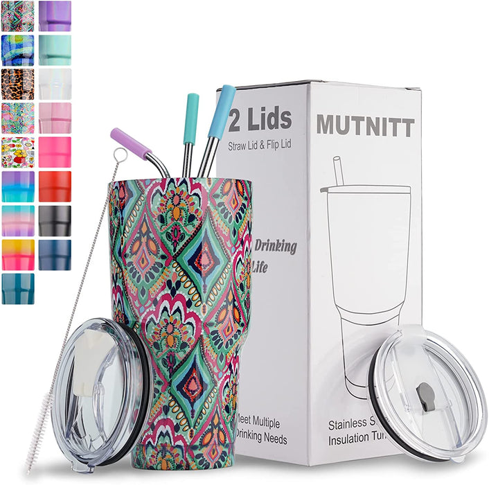 30 Oz Tumbler with Lids and Straws,18/8 Stainless Steel Vacuum Insulated Coffee Tumbler,Insulated Travel Mug Water Cup with Leak-Proof Straw Lid & Flip Lid,3 Metal Straws,1 Cleaning Brush & Gift Box
