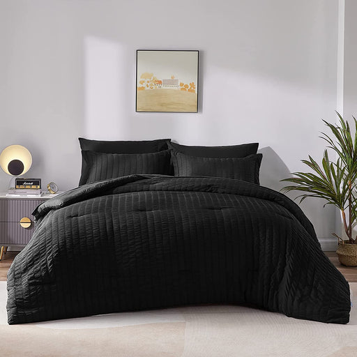 Queen Seersucker Comforter Set with Sheets Black Bed in a Bag 7-Pieces All Season Bedding Sets with Comforter, Pillow Sham, Flat Sheet, Fitted Sheet, Pillowcase