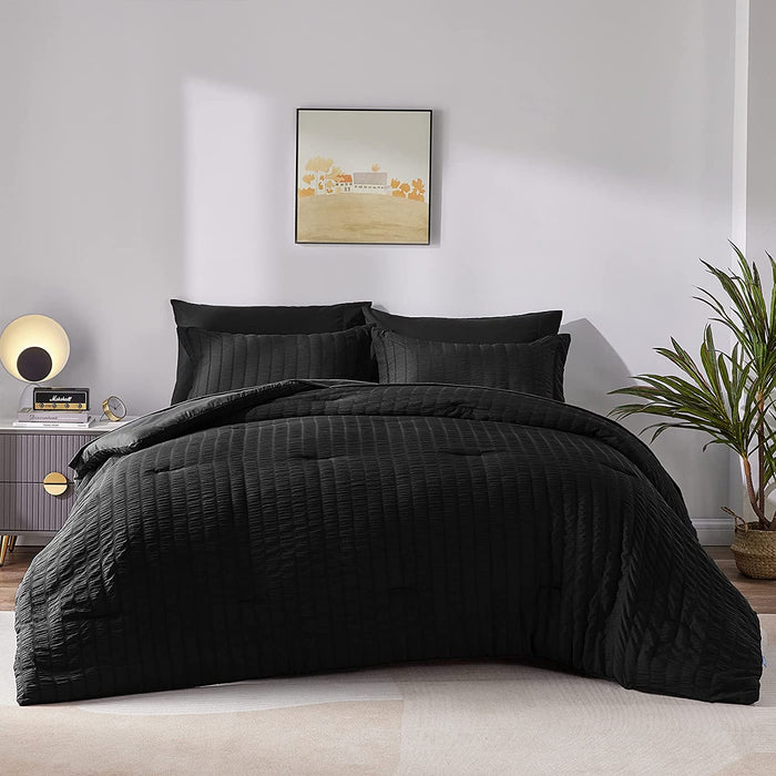 Queen Seersucker Comforter Set with Sheets Black Bed in a Bag 7-Pieces All Season Bedding Sets with Comforter, Pillow Sham, Flat Sheet, Fitted Sheet, Pillowcase