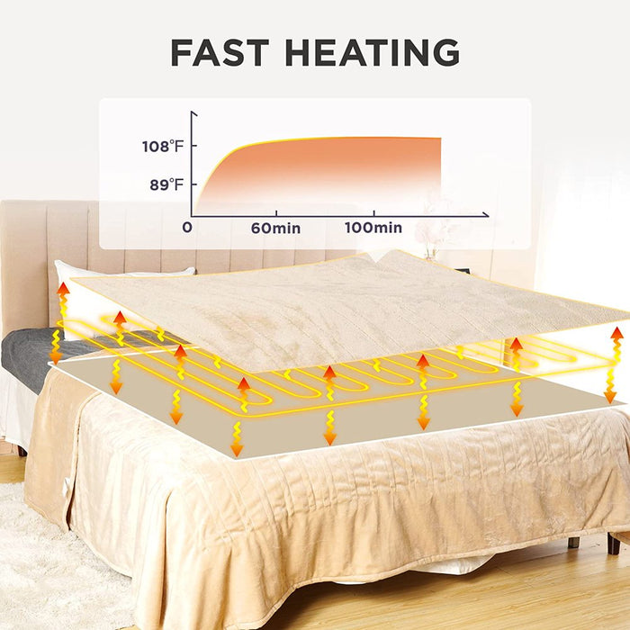 Electric Blanket Queen Size 84"X90" Flannel Heated Throw Blanket, Dual Controls Setting Electric Blanket, 10 Heating Levels, 12H Auto-Off, 5 Years Warranty, Machine Washable - Beige