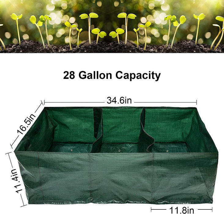 28 Gallon Exlarge Plastic Raised Planting Bed with 3 Compartments- 3 Divided Grids Rectangle Garden Grow Bag Potato Tomato Planter Pot Containers for Vegetables Plant Flowers Growing (Dark Green)