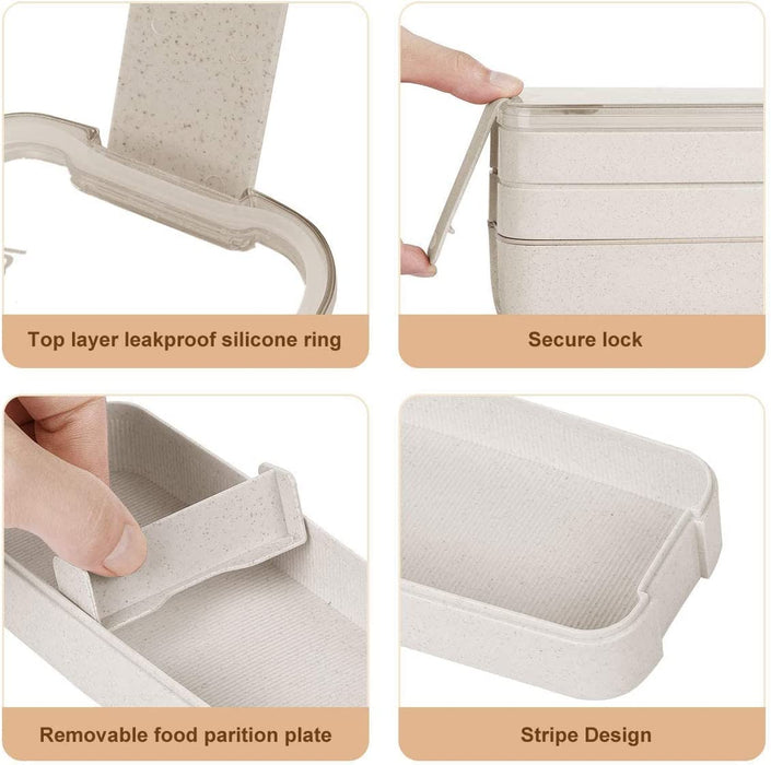 Bento Box Lunch Box for Adults Kids,  3-In-1 Compartment Containers - Wheat Straw, Leakproof Eco-Friendly Bento Lunch Box Meal Prep Containers Microwave Safe (Beige)