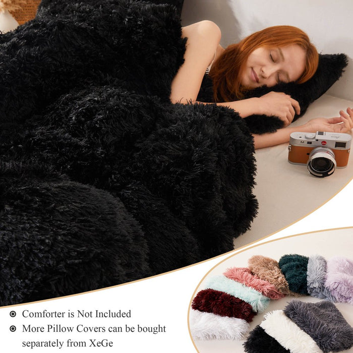 3 Pieces Furry Plush Duvet Cover Set, Black Faux Fur Comforter Cover Set, Luxury Soft Velvet Fuzzy Fluffy Bedding Set, Shaggy Duvet Cover with 2 Pillow Covers, Zipper Closure, Queen Size, Black