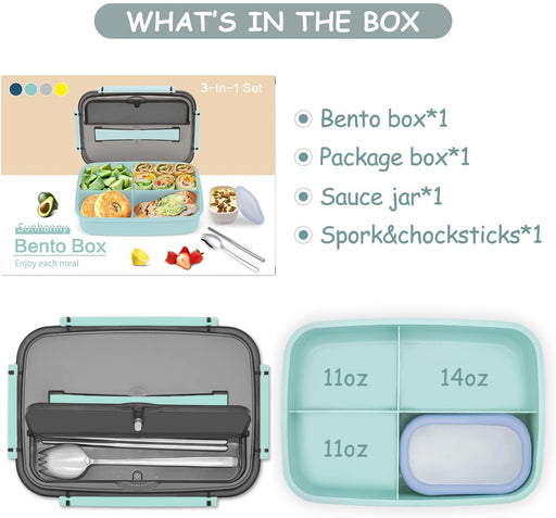 Bento Box Adult Lunch Box, Bento Lunch Box Containers, 50-Oz Bento Box for Kids with Compartments, Sauce Container, Chopsticks and Spork, Green