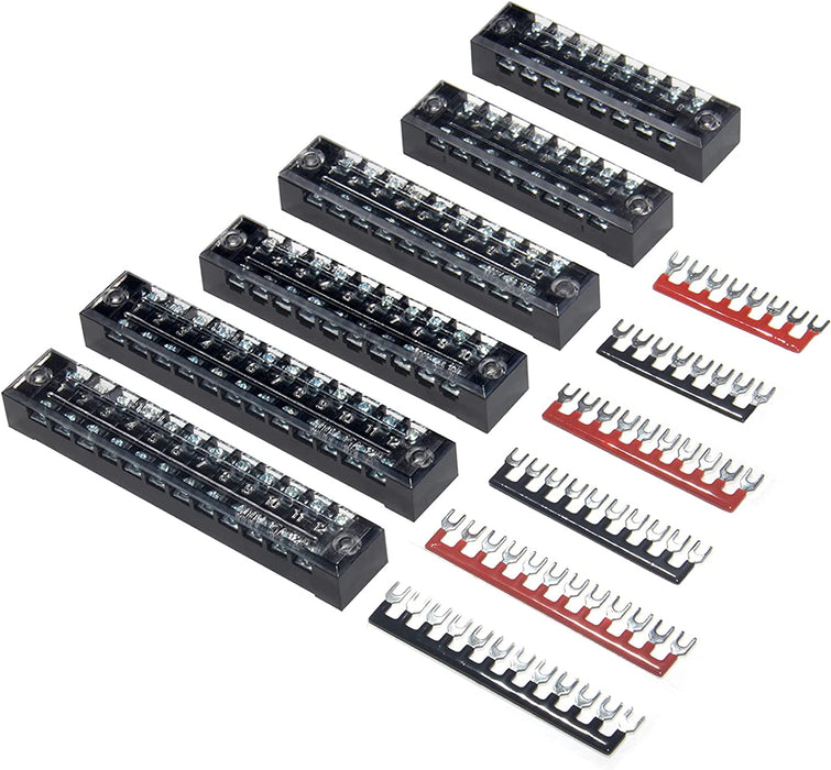Terminal Block and Strip - 12Pcs (6 Sets) 4 Positions Dual Row 600V 25A Screw Terminal Strip Blocks with Cover + 400V 25A 4 Positions Pre-Insulated Terminals Barrier Strip Black & Red