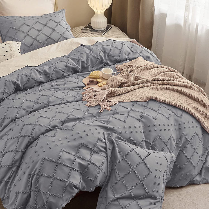 Bedsure Boho Duvet Cover Queen - Boho Bedding, Tufted Queen Duvet Cover for All Seasons, 3 Pieces Embroidery Shabby Chic Home Bedding Duvet Cover Set (Grey, Queen, 90X90'')