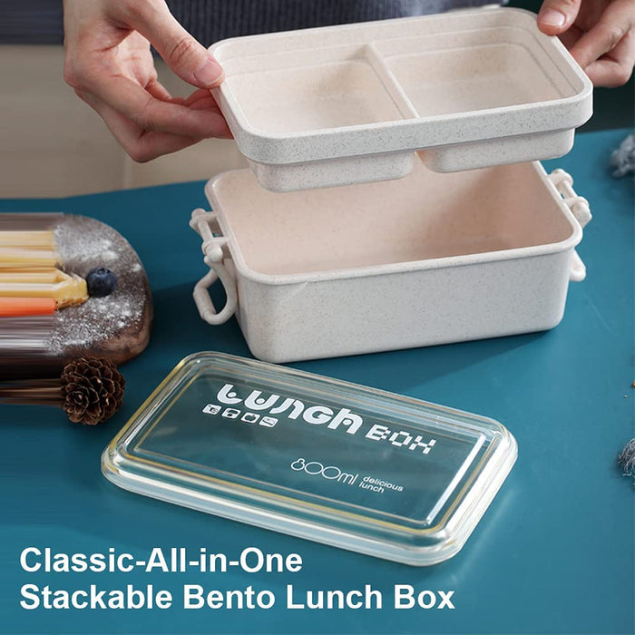 Bento Box Japanese Lunch Box Kit, Stackable 2 Layer Lunch Box, Leakproof Wheat Straw BPA Free Bento Lunch Boxes Set with Soup Cup, Spoon and Fork, Cake Cups