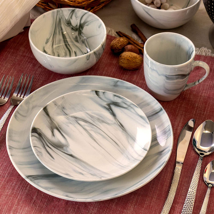 Fine round Gloss Dinnerware Dish Set, 16 Piece, Black and White Marble