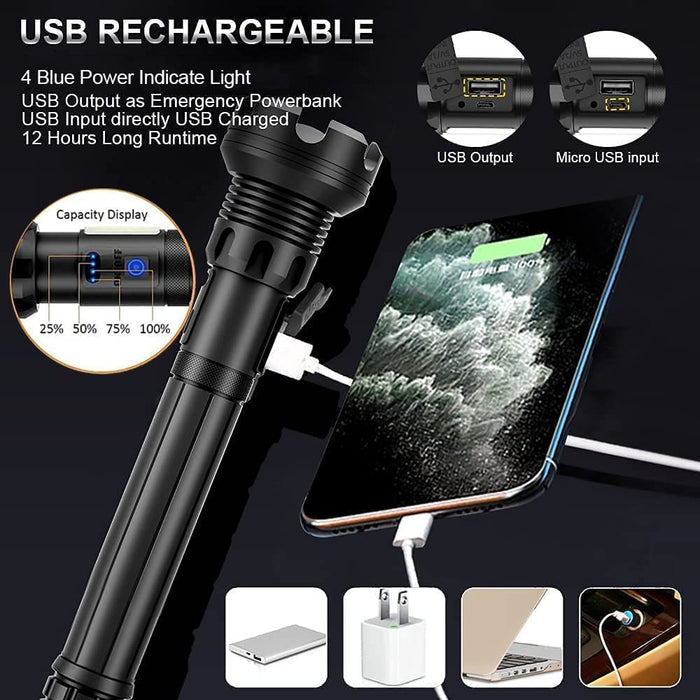 Led Rechargeable Tactical Flashlights 90000 High Lumens, Xhp90 Brightest Flashlight with Cob Sidelight, Powerful Emergency Flashlight with USB Output as Power Bank, Zoomable, Waterproof,7Mode