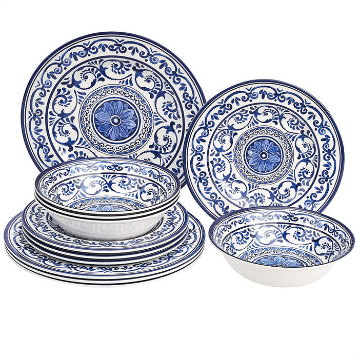 Melamine Dinnerware Set, Service for 4, Traditional Blue and White - Set of 12