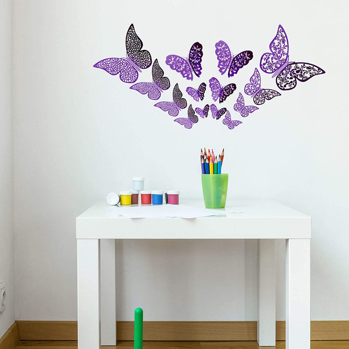 72 Pieces 3D Butterfly Wall Decals Sticker Wall Decal Decor Art Decorations Sticker Set 3 Sizes for Room Home Nursery Classroom Offices Kids Girl Boy Bedroom Bathroom Living Room Decor (Purple)