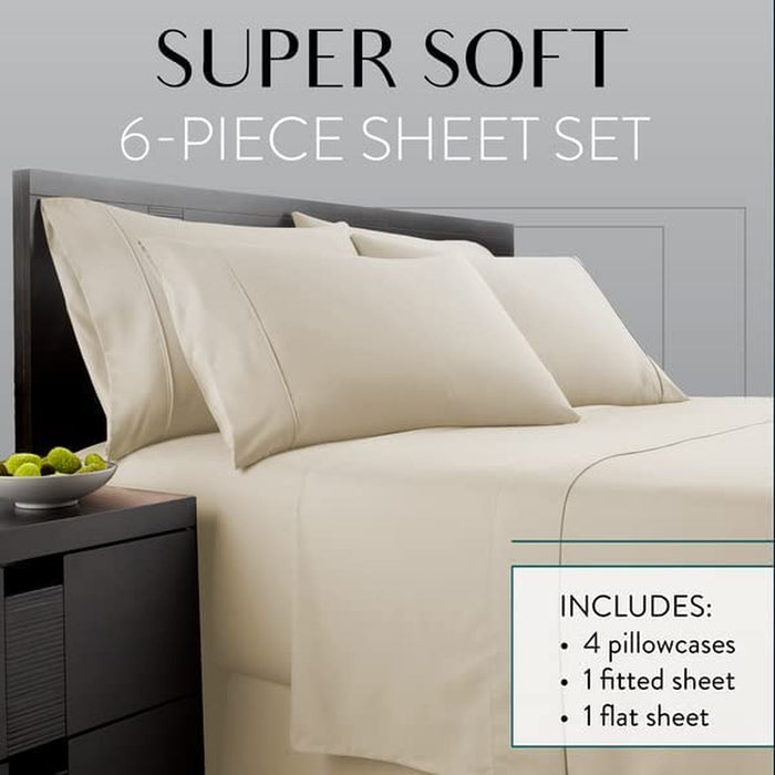 Cream Queen Size Bed Sheets Set - 6 Pc Soft Bedding & Pillowcases Set W/ Deep Pockets - Breathable, Wrinkle Free & Fade Resistant
