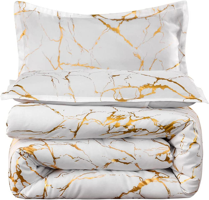 Gold Metallic Marble Comforter Set Queen Size Foil Print Glitter Bedding Sets,White/Gold, Queen