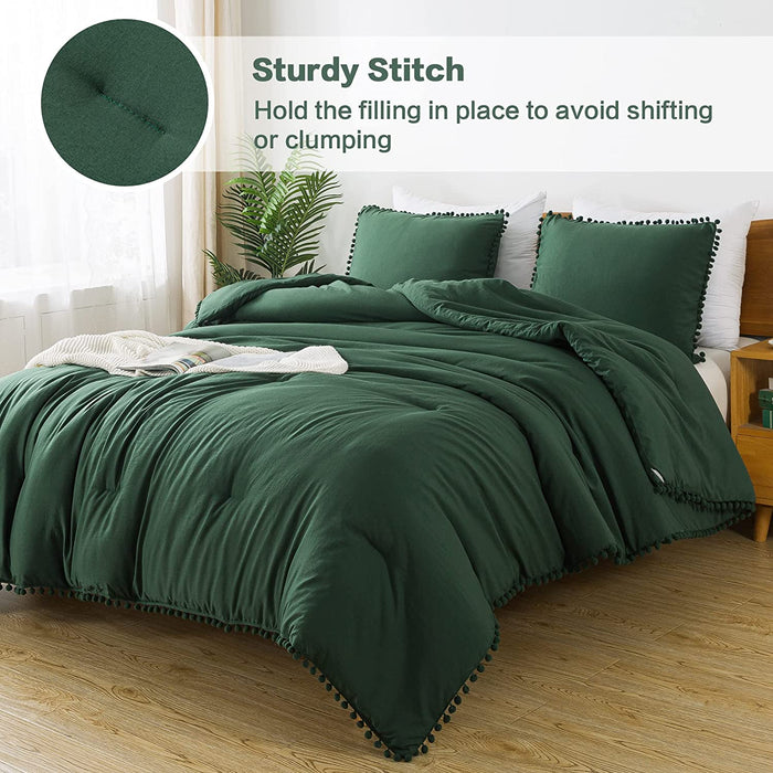 Dark Green Pom Pom Fringe Comforter Full(79X90 Inch), 3 Pieces(1 Boho Comforter and 2 Pillowcases) Aesthetic Boho Pom Comforter, Lightweight Soft Microfiber down Alternative Bedding Set