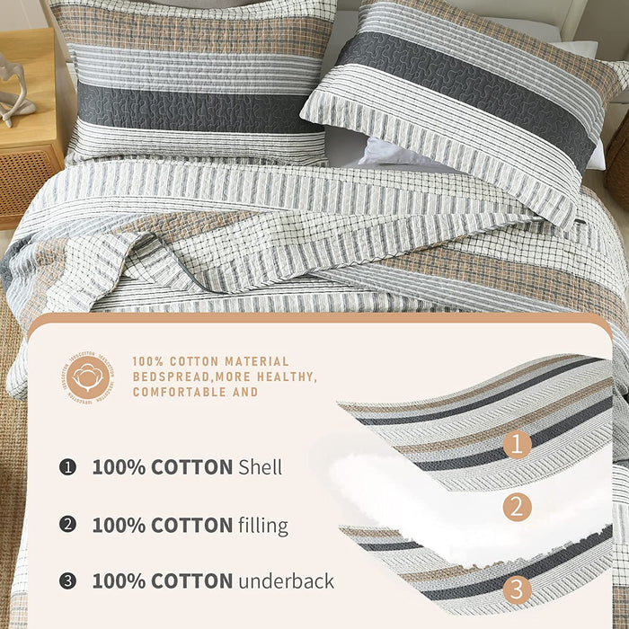 Quilt Queen Size, Queen Quilt Set, Cotton Quilt, Grey Striped Queen Quilt Bedding Set Bedspreads, Reversible Lightweight Quilt Bedspread Set for All Season, 3-Piece