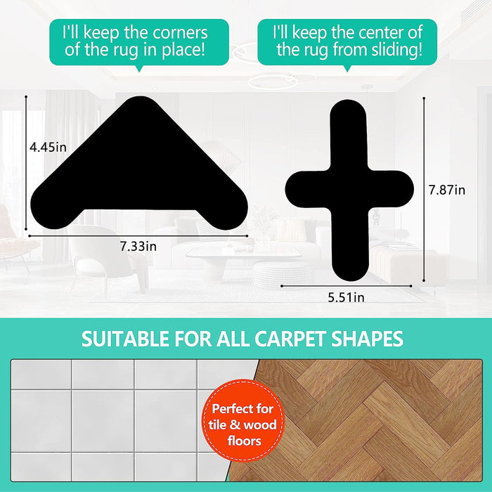 15 Pairs Large Size Rug Gripper, Hook and Loop anti Slip Rug Corner Grips, Washable Area Carpet Rug Tape Pad, Reusable Stickers for Hardwood Floors Tiles Non Curl, 4 Corner+1 Center Combo