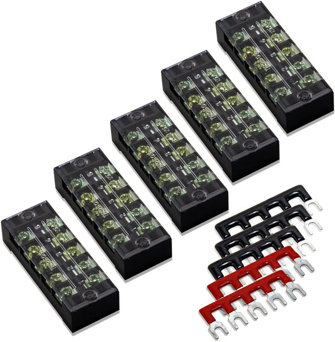 Terminal Block and Strip - 12Pcs (6 Sets) 4 Positions Dual Row 600V 25A Screw Terminal Strip Blocks with Cover + 400V 25A 4 Positions Pre-Insulated Terminals Barrier Strip Black & Red