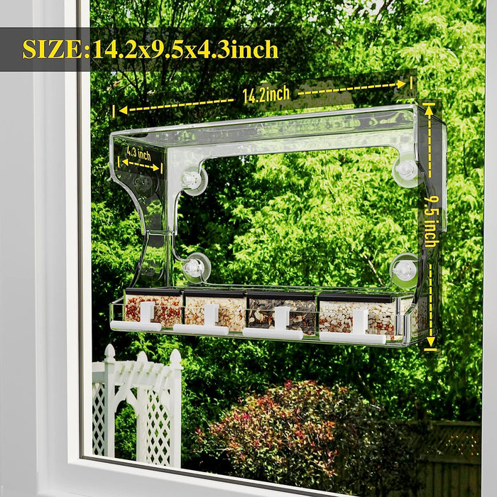Window Bird Feeder, Window Bird Feeders with Strong Suction Cups for Outside, Height Adjustable to 9.5 Inch, Removable Tray with 4 Compartments, Easy Clean and Fill, Clear Acrylic Bird House