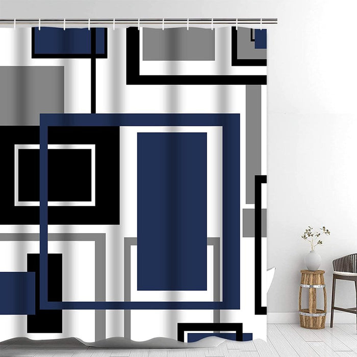 Blue Black Geometric Pattern Polyester Shower Curtain and Rug Sets Bathroom Decor Set, Waterproof Shower Curtain with 12 Hooks and Toilet Rugs