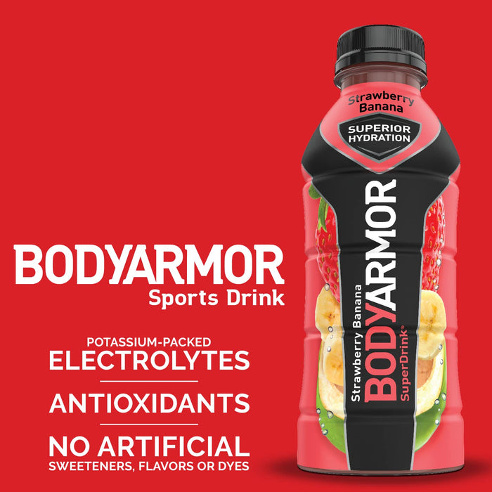 BODYARMOR Sports Drink Sports Beverage, Strawberry Banana, Natural Flavors with Vitamins, Potassium-Packed Electrolytes, Perfect for Athletes, 16 Fl Oz (Pack of 12)
